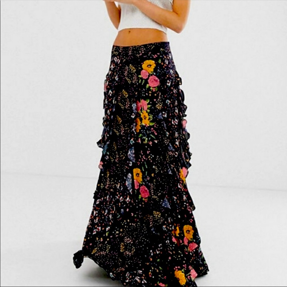 Free People Black Floral Maxi Skirt